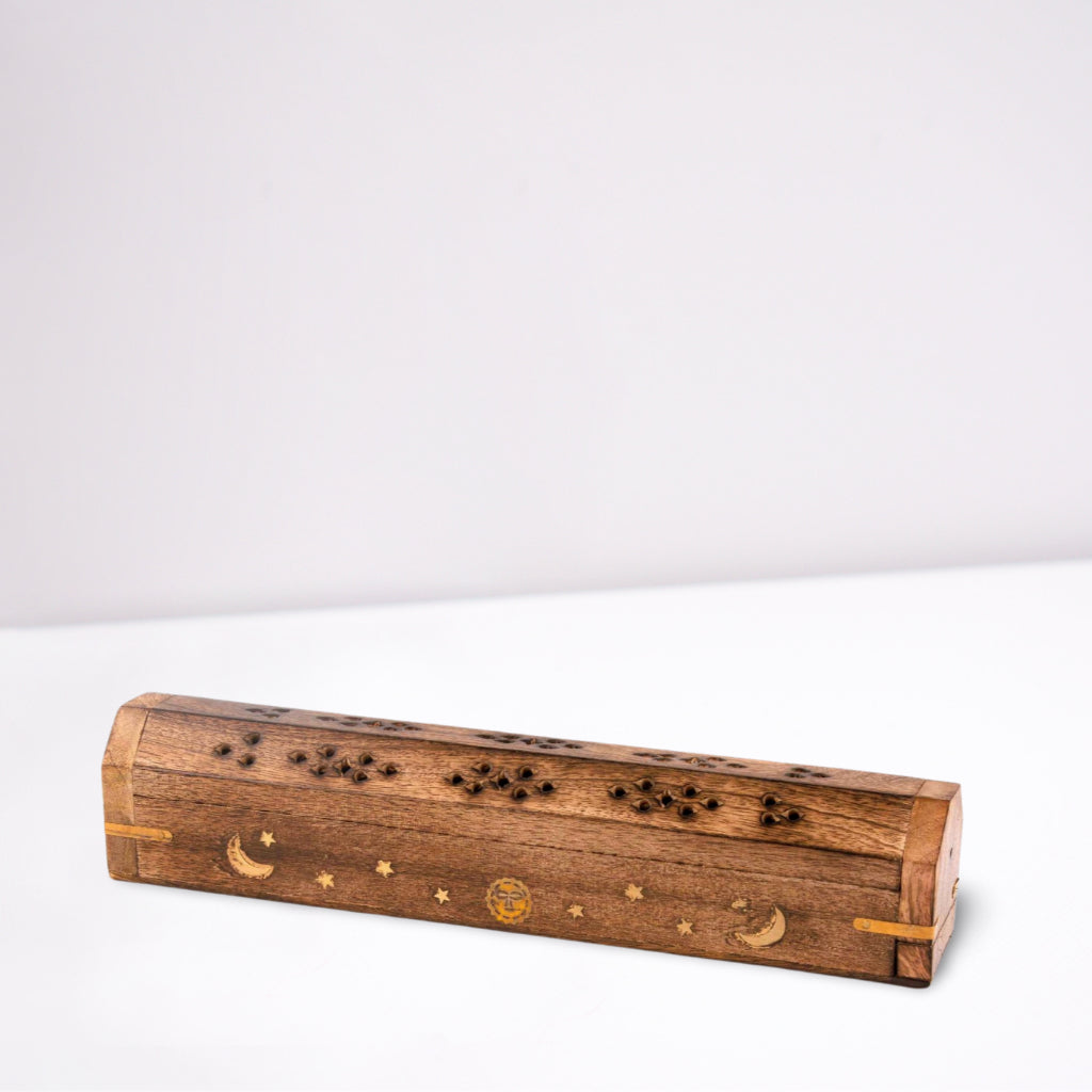 Wooden Incense Box - Crescent Moons, Stars And Sun