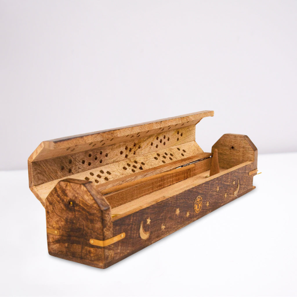 Wooden Incense Box - Crescent Moons, Stars And Sun